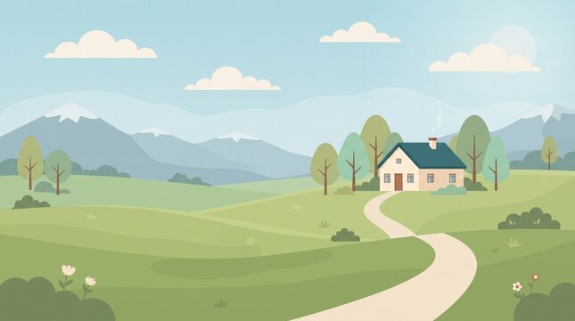 Peaceful countryside landscape with green fields, rolling hills, mountains, trees, and a small house under a bright blue sky. Simple flat vector illustration.