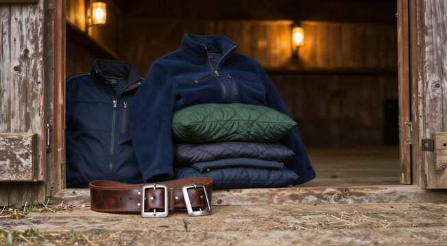 Folded jackets and belts placed at barn doorway on wooden floor