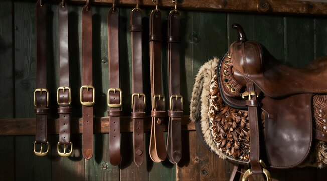 Row of leather straps and saddle hung on stable wall