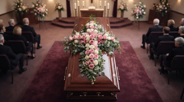 Funeral service with a flower-covered coffin in a church.
