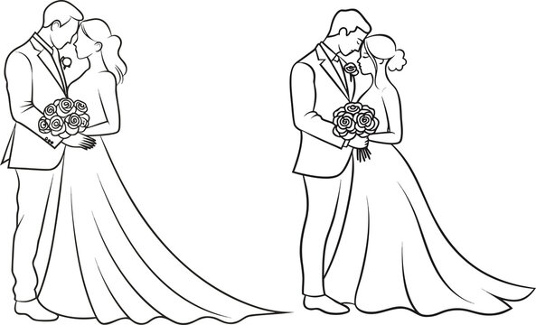 Line Art Wedding Couple Photo Romance Intimately Black and White Illustration Hand Drawn Clipart .Valentine's Day line art vector. Romantic 
