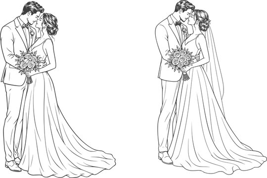 Line Art Wedding Couple PNG , Romance Intimately Black and White Hand Drawn Clipart .Valentine's Day line art vector. Romantic