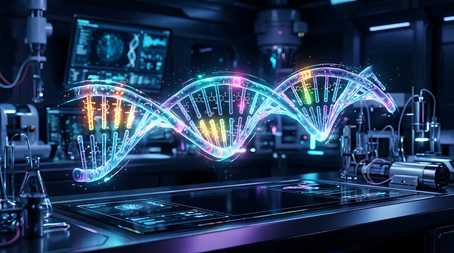 Abstract Glowing DNA Helix in High-Tech Scientific Laboratory for Genetic Research Concept