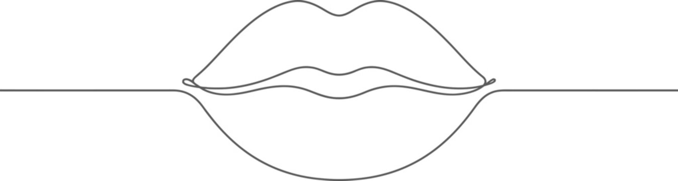 Continuous single line drawing of human female lips for beauty and fashion with minimalist art black white one line