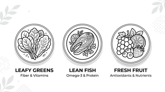Set of healthy food icons featuring leafy greens lean fish and fresh fruit line art illustrations for nutrition and diet concept design