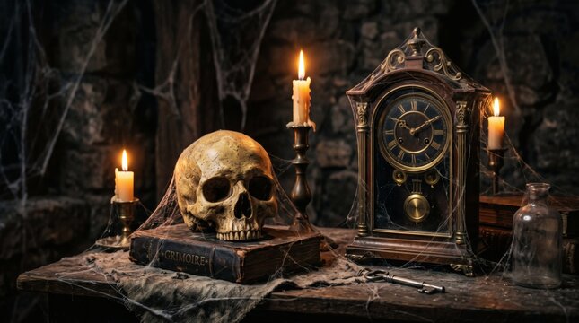 Macabre still life with human skull antique clock and burning candles in dark room.