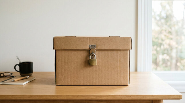 Locked Cardboard Storage Box on Wooden Office Desk
