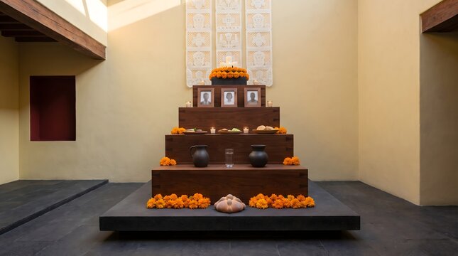 Traditional Dia de los Muertos altar setup inside a building. Tiered wooden ofrenda decorated with orange marigold flowers framed photographs candles and clay pottery vessels