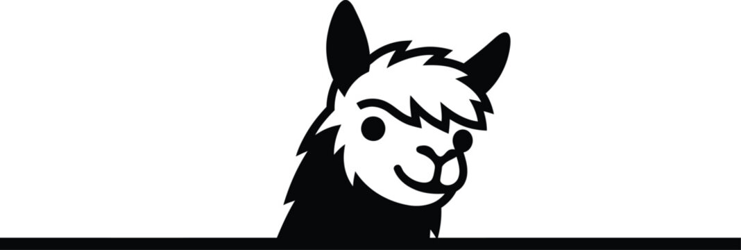 Minimalist peeking llama vector illustration, cute alpaca character head, black and white animal line art for web banners and decals