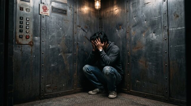 Man sitting alone in a dark elevator holding his head in despair.