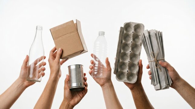 Multiple hands sorting recycling wastem rubbish items including glass bottles, cardboard boxes, metal cans, plastic bottles, egg cartons, and newspapers against a clean white background