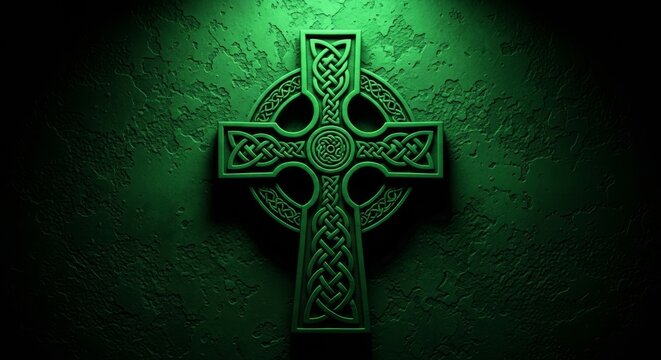 Intense monochromatic study of an emerald and moss green Celtic cross with high contrast lighting and distressed texture