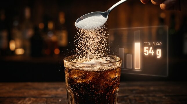 sugar being poured from a spoon into a glass of dark soda with digital total sugar text and bar chart