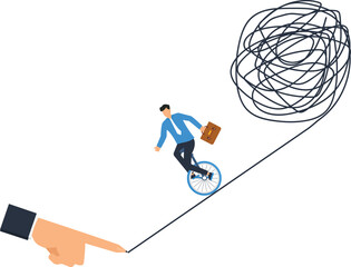 Businessman riding unicycle facing complex challenge solving business problems navigating tangled mess corporate difficulty financial risk tightrope balance pointing hand career path © Mr Fikh 