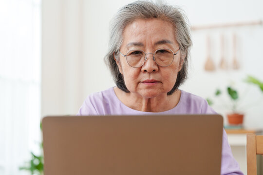 Close up of senior Asian woman with gray hair and eyeglasses working, looking at computer laptop with concentration in bright cozy, modern living room. Active lifestyle, learning, technology concept