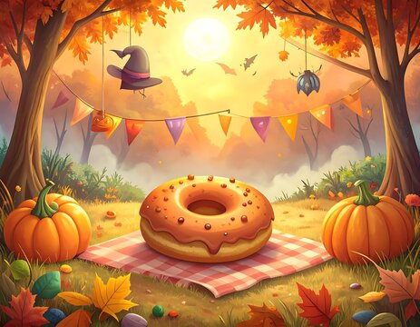 Autumn Halloween Scene with Donut and Pumpkins.