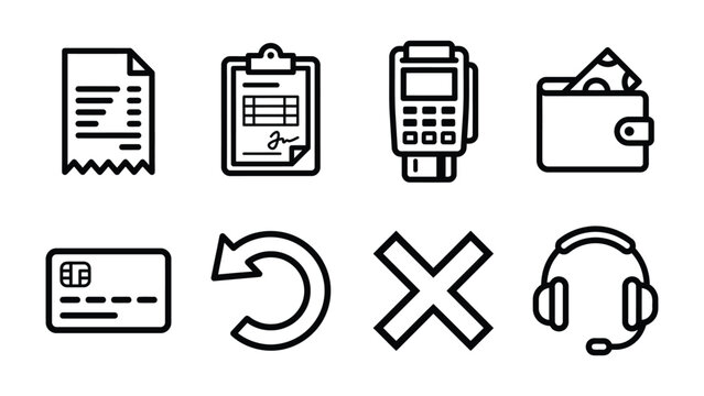 Payment Icons: A collection of minimalist line art icons representing various aspects of financial transactions, including a receipt, a bill, a credit card reader, a wallet with cash, a credit card.