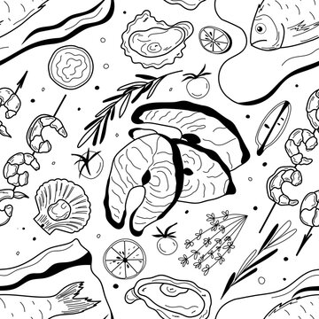 Seafood seamless pattern with salmon steaks, shrimp, oysters, scallops, fish, lemon and herbs for restaurant packaging, wrapping paper and culinary backgrounds, hand drawn black and white vector