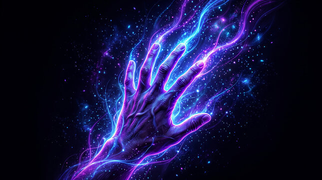 Mystical glowing hand emitting cosmic energy lights in space