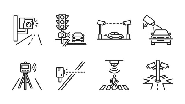 Traffic Surveillance Icons: A collection of line art icons depicting various traffic control and surveillance technologies, including speed cameras, traffic lights, and pedestrian crossings.