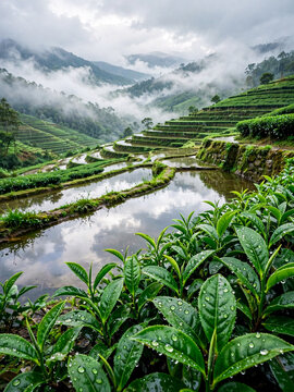 Dew drops on green tea leaves in highland plantation with misty terraced landscape terraced fields mountain landscape