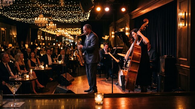 Jazz Band Performing Live on Stage at an Elegant Upscale Lounge with Warm Ambient Lighting
