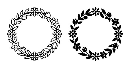 Fototapeta premium Floral Wreath Vector Icons, Delicate Flower Circle Frames, Botanical Decorative Borders, Black and White Nature Elements