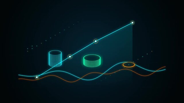 Abstract digital graph with increasing data points and fluctuating lines on a dark background