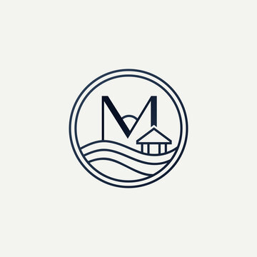 Luxury tropical resort and real estate letter M logo vector illustration featuring a circular badge with ocean waves, a beach bungalow, and a sun in dark blue on white.