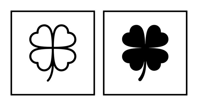 Four Leaf Clover Icons, Luck Symbol Vector Set, Outline and Solid Black Clover Graphics for St. Patrick's Day and Good Fortune Concepts