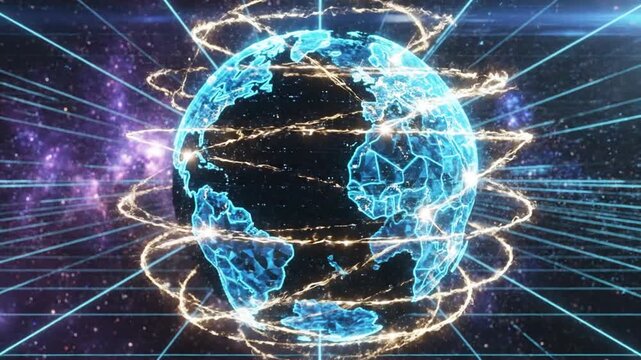Glowing blue digital globe rotating with data lines in space