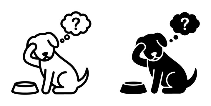 Confused Dog Icon Set, Puzzled Puppy Thinking Bubble, Pet Care Questions, Animal Emotion Vector Graphics