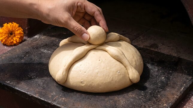 Traditional Mexican sweet bread preparation for Day of the Dead celebration. Baker hands placing a dough sphere on top of Pan de Muerto loaf. Authentic bakery process in stone oven