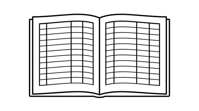 Minimalist outline of a buku kas ledger book open with tables