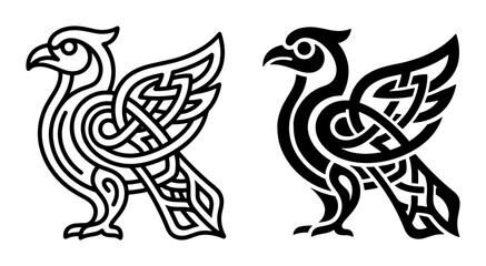 Fototapeta premium Celtic Bird Vector Art, Intricate Knotwork Griffin Illustration, Mythical Creature Design, Ancient Symbolism, Black and White Graphics