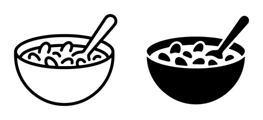 Cereal Bowl Icon Set, Breakfast Food Vector Graphics, Simple Outline and Solid Fill Designs for Morning Meal Graphics