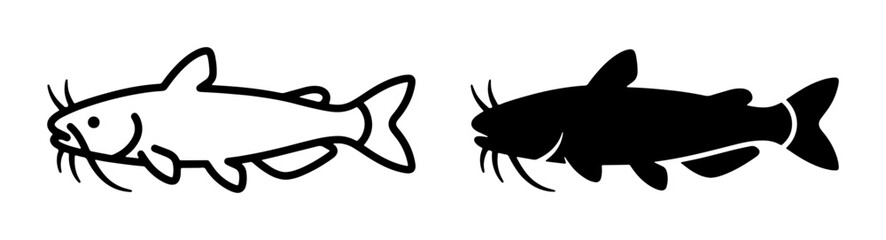 Fototapeta premium Catfish Vector Icons: Outline and Silhouette, Simple Aquatic Animal Graphics for Fishing and Seafood Themes