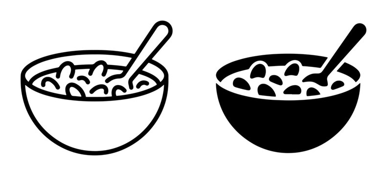 Cereal Bowl Icon Set, Breakfast Food Vector Graphics, Simple Outline and Solid Fill Designs for Morning Meal Graphics