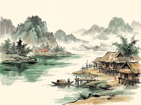 Ba Be Lake in Bac Kan, Northern Vietnam, tranquil emerald lake surrounded by forested mountains, traditional stilt houses along a quiet shoreline xieyi sumi-e ink wash landscape painting