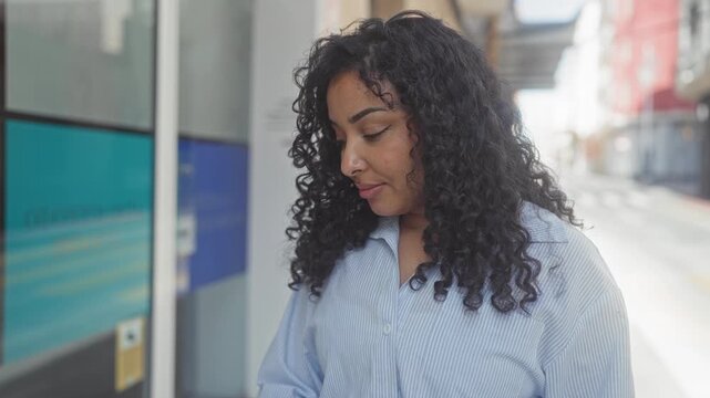 Woman with curly hair and nose stud smiles with arms crossed, leaning by a storefront window on a city street; warm confidence.