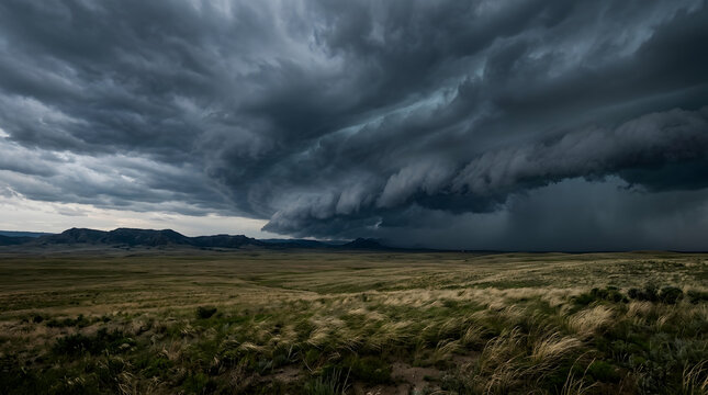 Dramatic shelf cloud formation over a vast prairie landscape during a summer storm.