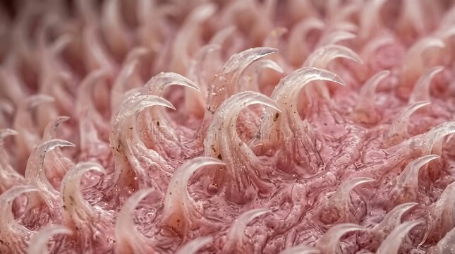 Macro close up of domestic cat tongue papillae backward facing keratin spines filiform hooks texture feline anatomy veterinary biology microscopic fur grooming structure abstract background