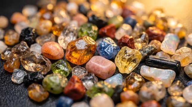 Macro close up of colorful tumbled gemstones and raw crystal pebbles assorted shiny mineral stones quartz agate jasper healing crystals gravel texture geological treasure background wallpaper