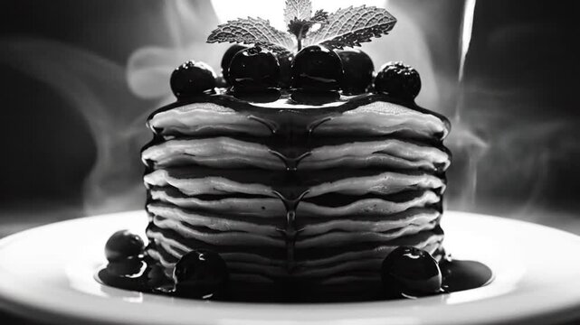 Black and White Close Up of a Stack of Pancakes Topped with Cherries and Mint on a Plate, Slow Motion