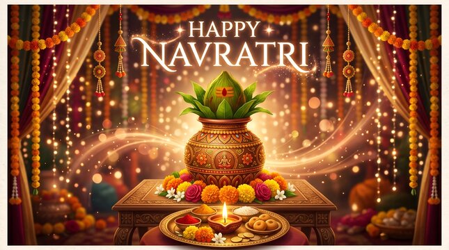Happy navratri greeting with traditional kalash, coconut, marigold flowers, and glowing diya lamps on a dark background with festive bokeh lights