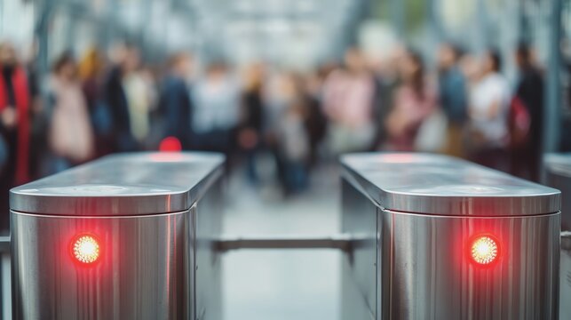 Metal turnstile with red lights indicating access deny.