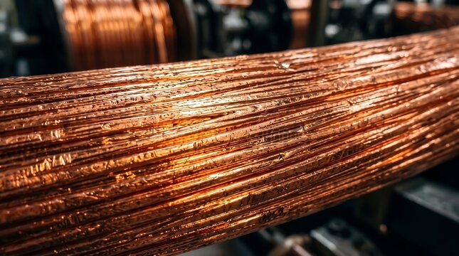 Macro close up of thick stranded copper wire cables in industrial manufacturing factory shiny metallic red metal conductor raw electrical wiring coils metallurgy energy hardware wallpaper texture