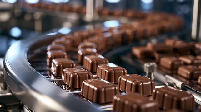 Chocolate candies move along an industrial conveyor belt, isolated on transparent background. Ideal for manufacturing, food production, and confectionery industry advertising.