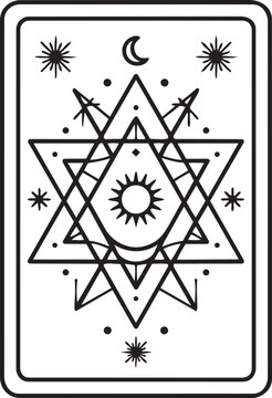 Minimalist line art of a classic tarot card with geometric star and crescent moon designs, simple shape representing divination, mysticism, and esoteric culture, perfect for occult, spiritual, and boh