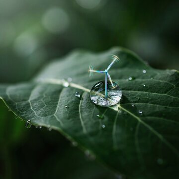 A tiny glowing wind turbine spinning inside a clear water droplet resting on a dark green leaf with soft bokeh background, in nature setting